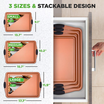 3-Piece Nonstick Bakeware Set - Flexible Carbon Steel, Silicone Handles