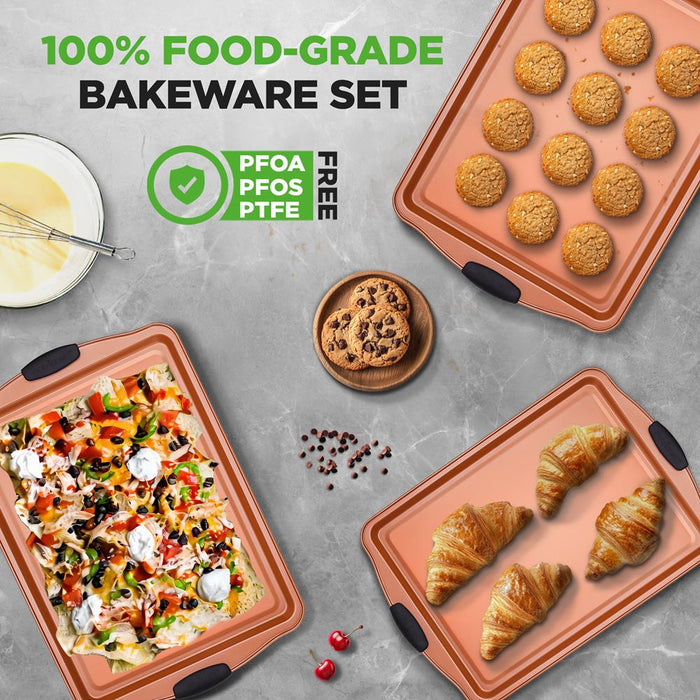 3-Piece Nonstick Bakeware Set - Flexible Carbon Steel, Silicone Handles