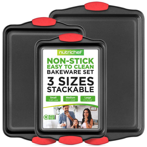 3-Piece Nonstick Baking Pan Set - Easy Clean Carbon Steel 0.4mm, Red Handles