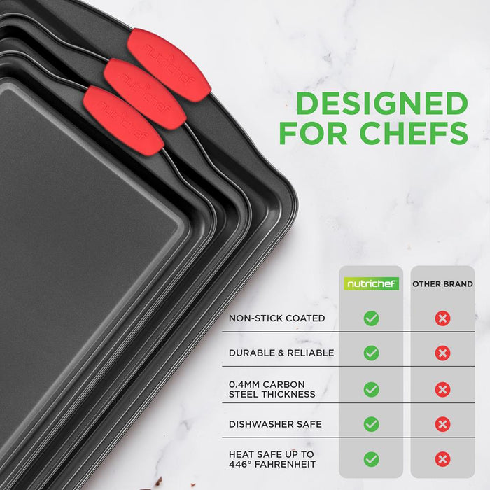 3-Piece Nonstick Baking Pan Set - Easy Clean Carbon Steel 0.4mm, Red Handles