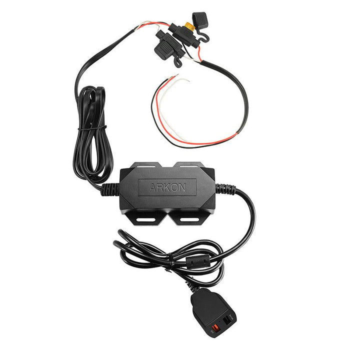 A black Arkon 30W 2-Port Quick Charge 3.0 and USB-A Car Fixed Install Charger with attached cables, exposed red/black wires, fuse holder, and connector plug for electronic device installations.