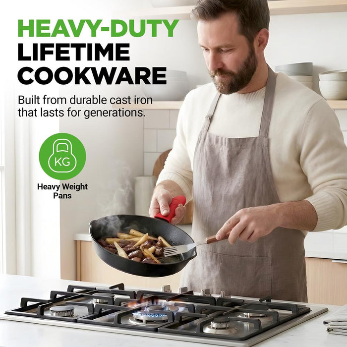 3pc Cast Iron Skillet Set - Nonstick, Even Heat, Silicone Handles