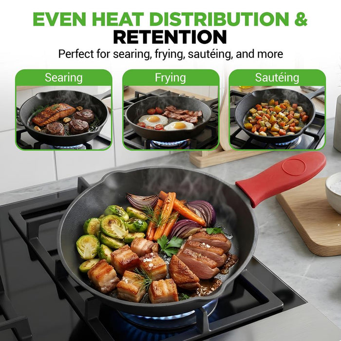 3pc Cast Iron Skillet Set - Nonstick, Even Heat, Silicone Handles
