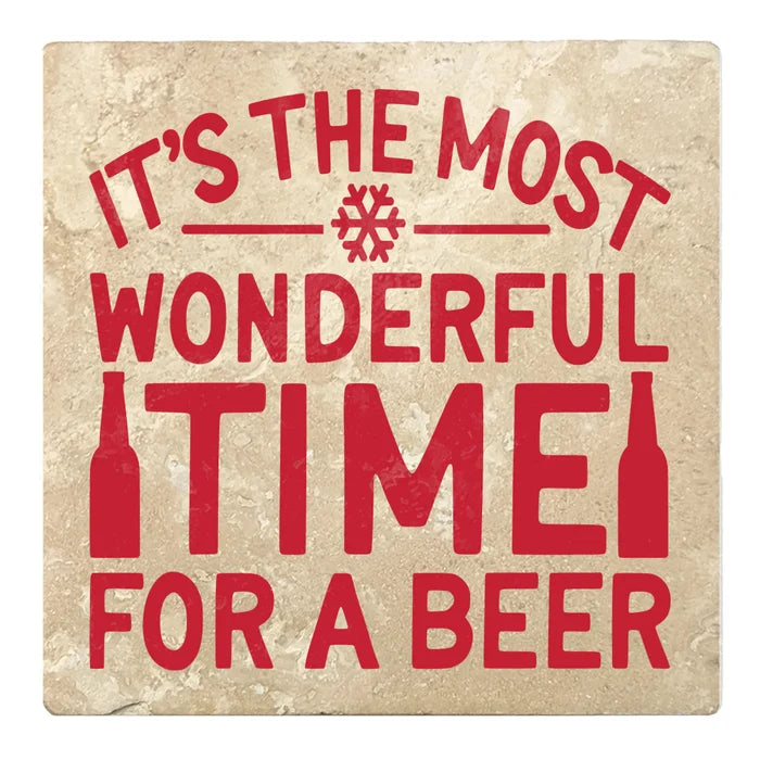 4" Absorbent Stone Christmas Drink Coasters, Its The Most Wonderful Time For A Beer, 2 Sets of 4, 8 Pieces - Christmas by Krebs Wholesale