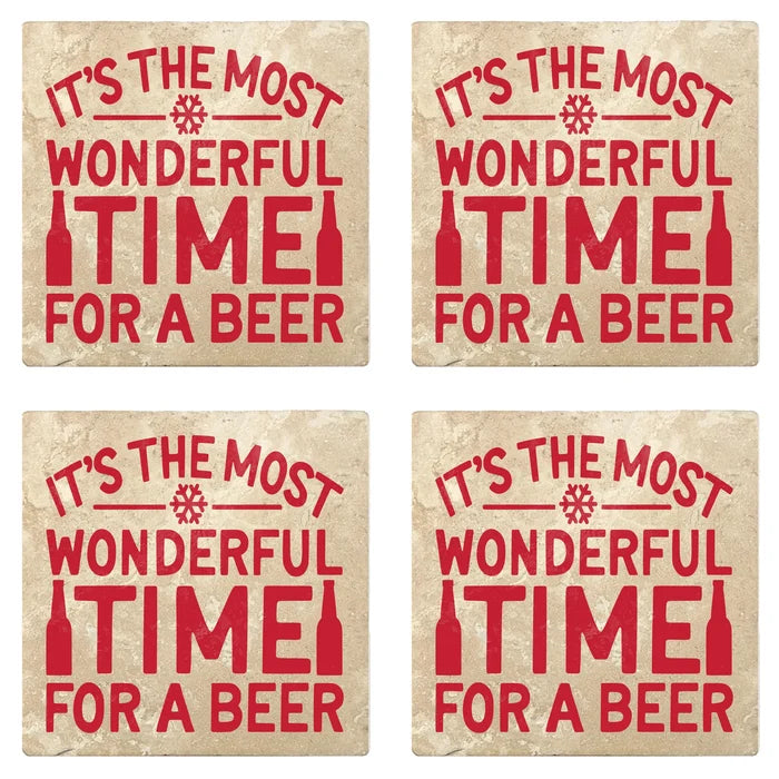 4" Absorbent Stone Christmas Drink Coasters, Its The Most Wonderful Time For A Beer, 2 Sets of 4, 8 Pieces - Christmas by Krebs Wholesale
