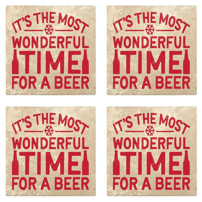 4" Absorbent Stone Christmas Drink Coasters, Its The Most Wonderful Time For A Beer, 2 Sets of 4, 8 Pieces - Christmas by Krebs Wholesale