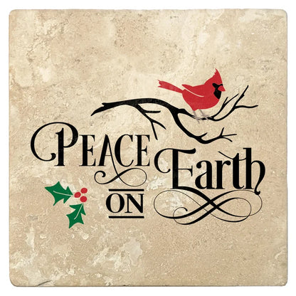4" Absorbent Stone Christmas Drink Coasters, Peace on Earth, 2 Sets of 4, 8 Pieces - Christmas by Krebs Wholesale