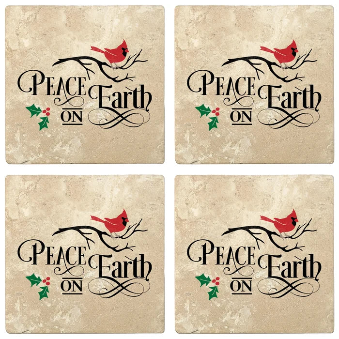 4" Absorbent Stone Christmas Drink Coasters, Peace on Earth, 2 Sets of 4, 8 Pieces - Christmas by Krebs Wholesale