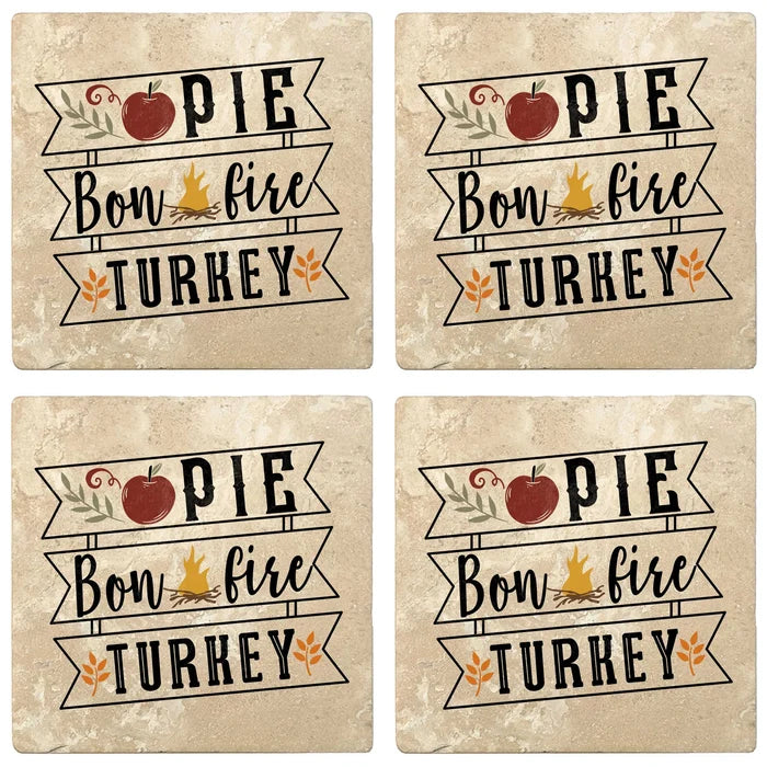 4" Absorbent Stone Fall Autumn Coasters, Pie, Bonfire, Turkey, 2 Sets of 4, 8 Pieces - Christmas by Krebs Wholesale