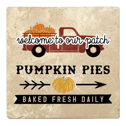 4" Absorbent Stone Fall Autumn Coasters, Welcome Pumpkin Pies Baked Fresh Daily, 2 Sets of 4, 8 Pieces - Christmas by Krebs Wholesale