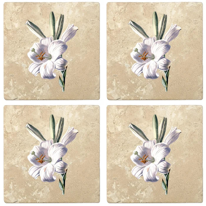 4" Absorbent Stone Flower Designs Drink Coasters, White Lily, 2 Sets of 4, 8 Pieces - Christmas by Krebs Wholesale