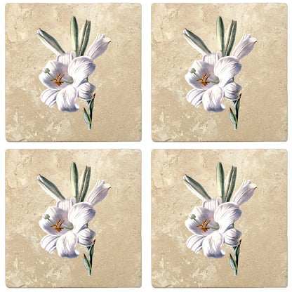 4" Absorbent Stone Flower Designs Drink Coasters, White Lily, 2 Sets of 4, 8 Pieces - Christmas by Krebs Wholesale