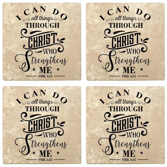 4" Absorbent Stone Religious Drink Coasters, I Can Do All Things Through Christ, 2 Sets of 4, 8 Pieces - Christmas by Krebs Wholesale