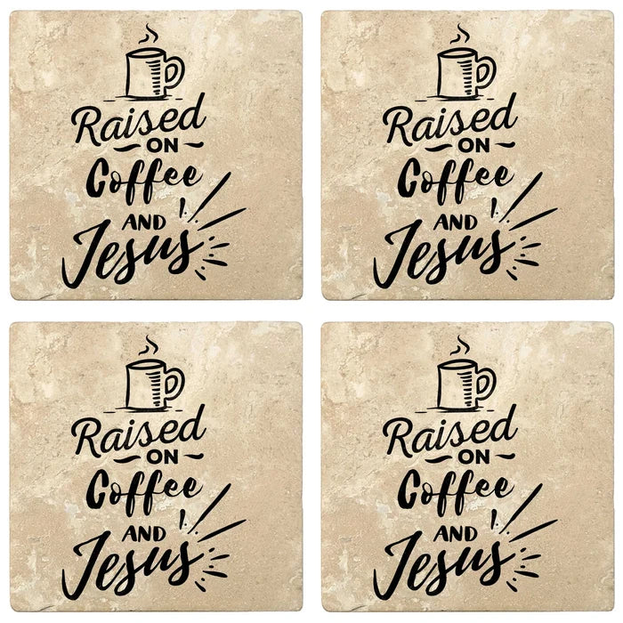 4" Absorbent Stone Religious Drink Coasters, Raised On Coffee And Jesus, 2 Sets of 4, 8 Pieces - Christmas by Krebs Wholesale