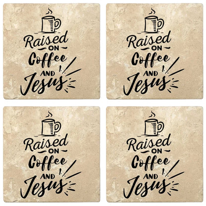 4" Absorbent Stone Religious Drink Coasters, Raised On Coffee And Jesus, 2 Sets of 4, 8 Pieces - Christmas by Krebs Wholesale
