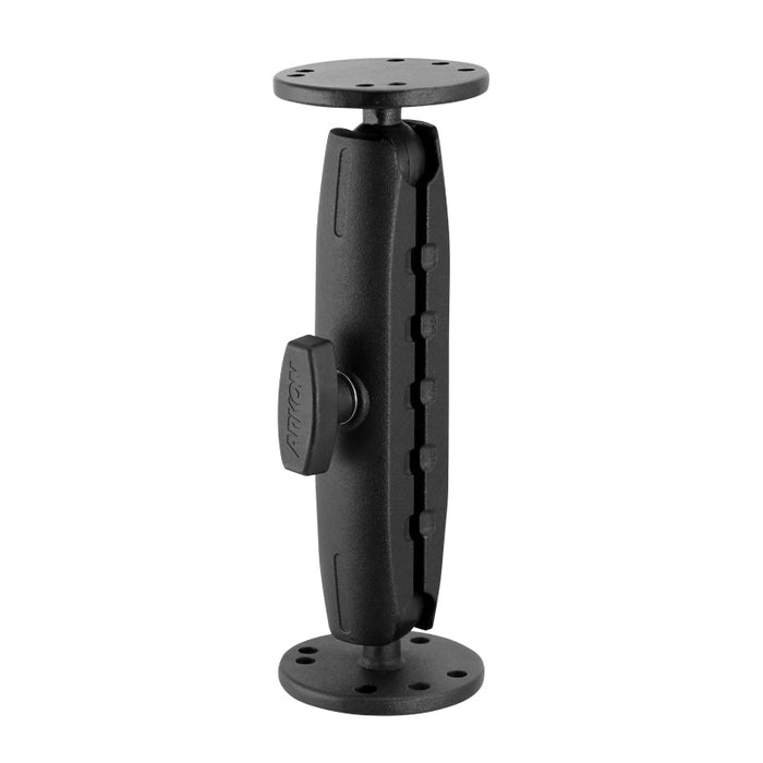 The 4-Hole AMPS Drill Base Mount features circular metal AMPS drill bases with multiple screw holes at each end and a central tightening knob—ideal for commercial vehicle mounting applications.
