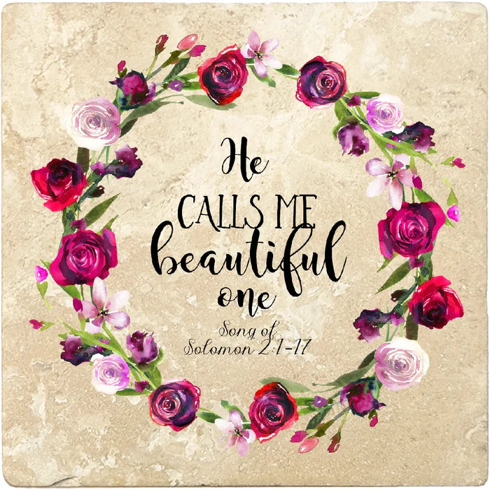 4 inch Square Travertine Religious Gift Coasters He Calls Me Beautiful, 2 Sets of 4, 8 Pieces - Christmas by Krebs Wholesale