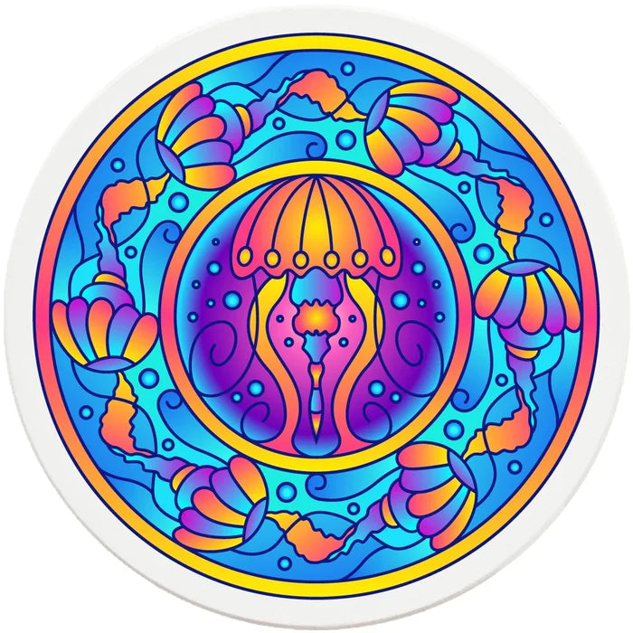 4" Round Ceramic Coasters - Mandala Jellyfish, 4/Box, 2/Case, 8 Pieces - Christmas by Krebs Wholesale