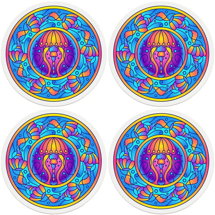 4" Round Ceramic Coasters - Mandala Jellyfish, 4/Box, 2/Case, 8 Pieces - Christmas by Krebs Wholesale