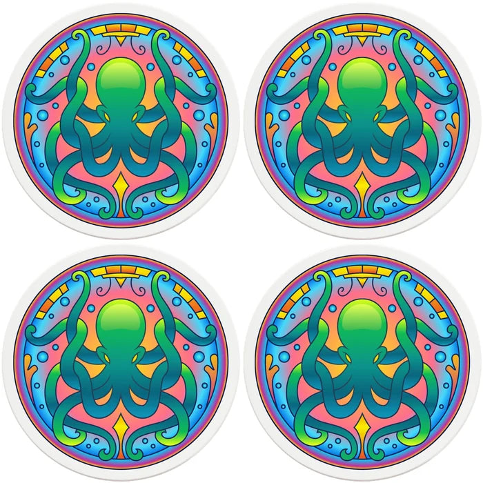 4" Round Ceramic Coasters - Mandala Octopus, 4/Box, 2/Case, 8 Pieces - Christmas by Krebs Wholesale