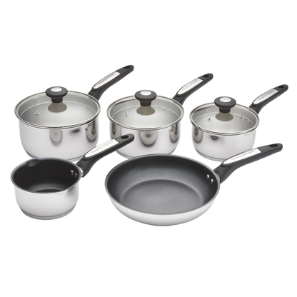 Set of cookware including pots and a frying pan on a white background