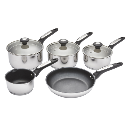 Set of cookware including pots and a frying pan on a white background