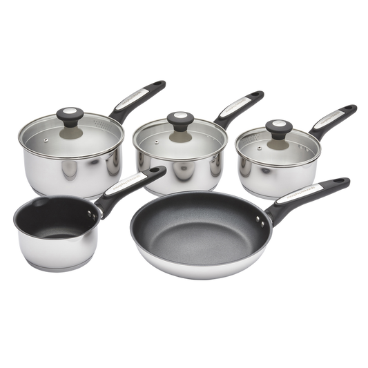 Set of cookware including pots and a frying pan on a white background