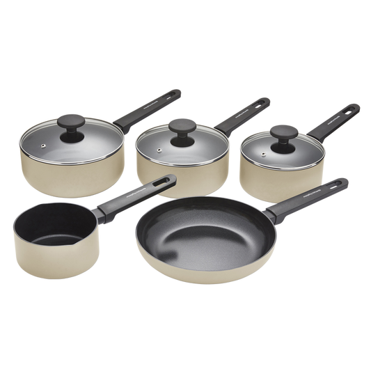 Set of cookware including pots, pans, and lids on a white background
