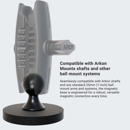 A black, adjustable 65mm Diameter Round Heavy-Duty Magnetic Base with 25mm (1-inch) ball, shown at an angle. Compatible with Arkon and standard 25mm ball mount systems; “Arkon” branding visible.