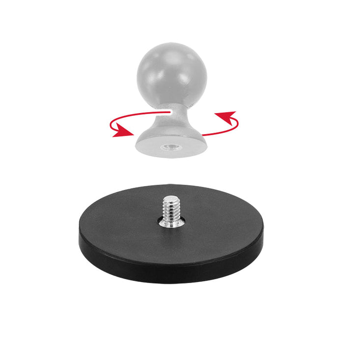 A gray knob hovers above a 65mm Diameter Round Heavy-Duty Magnetic Base with a black finish, metal screw, and red arrows illustrating the knob twisting onto the magnetic base.