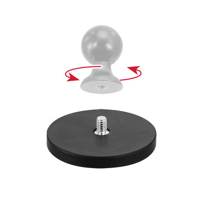 A gray knob hovers above a 65mm Diameter Round Heavy-Duty Magnetic Base with a black finish, metal screw, and red arrows illustrating the knob twisting onto the magnetic base.