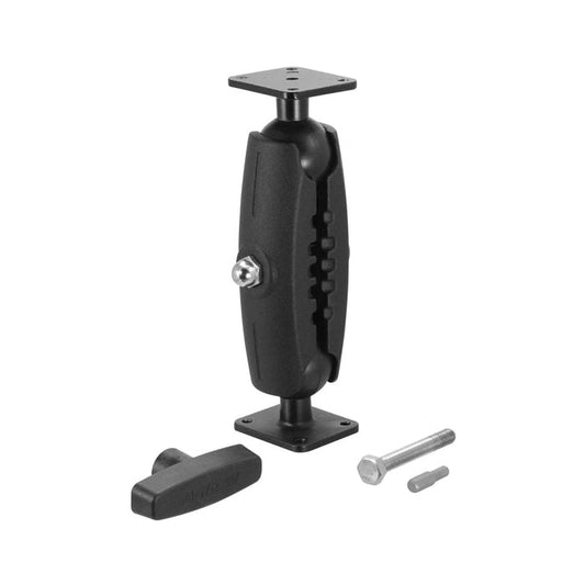The 7 Heavy-Duty Metal AMPS Mount with Security Hardware features black adjustable arms, rectangular 4-hole AMPS plates, a tightening knob, and bolt/nut—38mm (1.5 inch) ball compatible—shown on a plain white background.