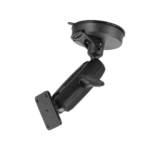 The 80mm Windshield Suction Mount with Metal 4-Hole AMPS Head securely attaches cameras or GPS units to windshields or smooth surfaces, featuring an adjustable shaft and flat rectangular base for versatile mounting.
