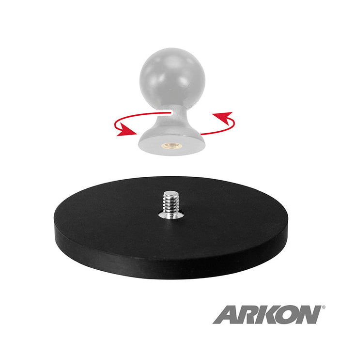 The 88mm Diameter Round Heavy-Duty Magnetic Base with 1/4-20 Camera Bolt is black and features a central mounting bolt, a separate white ball mount above it showing rotational direction, and the ARKON logo in the bottom right corner.