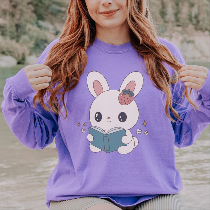 A Bunny Reading Her Book Heavyweight Long Sleeve Shirt - The Bean Workshop - animal shirt, bunny, long sleeve t-shirt, long sleeve tee, read everyday, read more books, short n' sweet, t-shirt, tee shirt