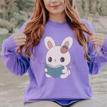A Bunny Reading Her Book Heavyweight Long Sleeve Shirt - The Bean Workshop - animal shirt, bunny, long sleeve t-shirt, long sleeve tee, read everyday, read more books, short n' sweet, t-shirt, tee shirt