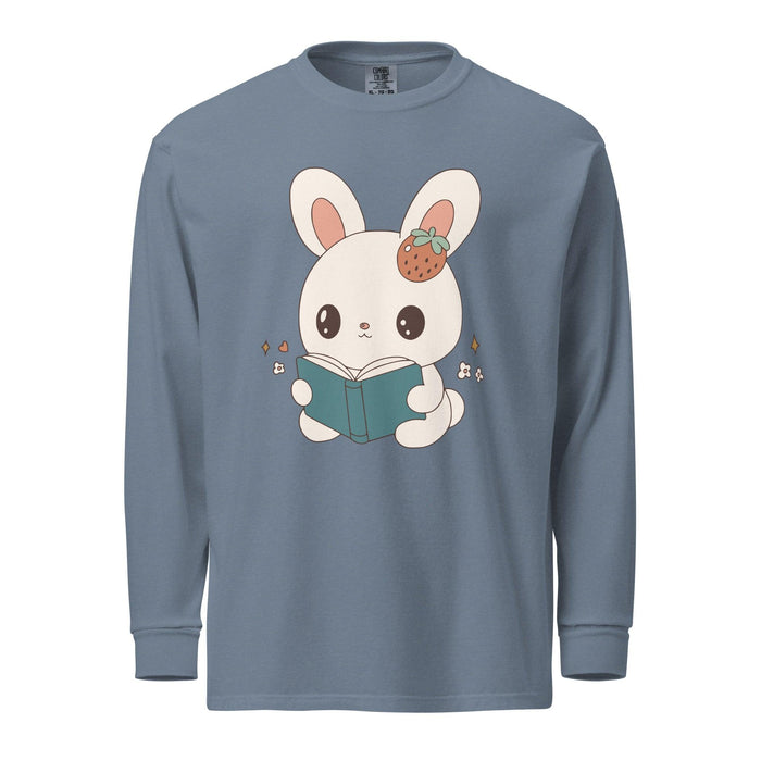 A Bunny Reading Her Book Heavyweight Long Sleeve Shirt - The Bean Workshop - animal shirt, bunny, long sleeve t-shirt, long sleeve tee, read everyday, read more books, short n' sweet, t-shirt, tee shirt