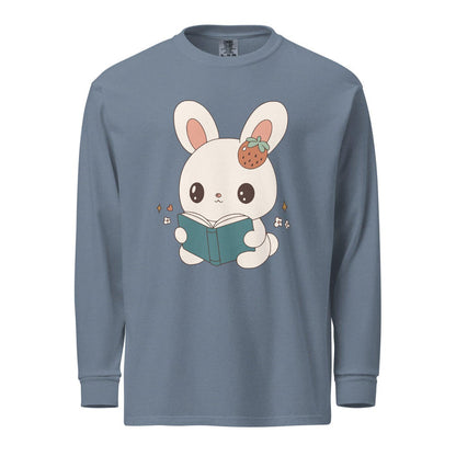A Bunny Reading Her Book Heavyweight Long Sleeve Shirt - The Bean Workshop - animal shirt, bunny, long sleeve t-shirt, long sleeve tee, read everyday, read more books, short n' sweet, t-shirt, tee shirt