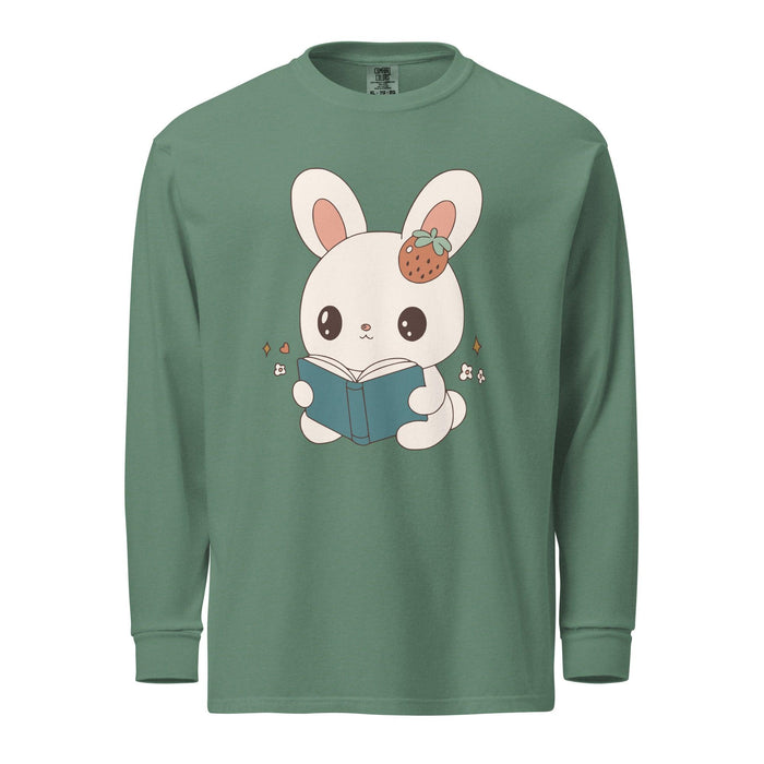 A Bunny Reading Her Book Heavyweight Long Sleeve Shirt - The Bean Workshop - animal shirt, bunny, long sleeve t-shirt, long sleeve tee, read everyday, read more books, short n' sweet, t-shirt, tee shirt