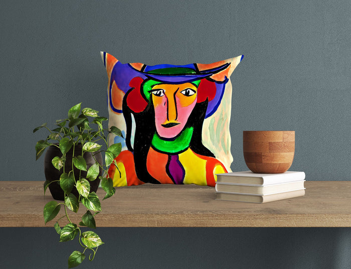 Abstract Girl In A Hat Toss Pillow, Abstract Pillow Case, Artist Pillow, Modern Pillow, Square Pillow, Christmas Pillow, Abstract Decor