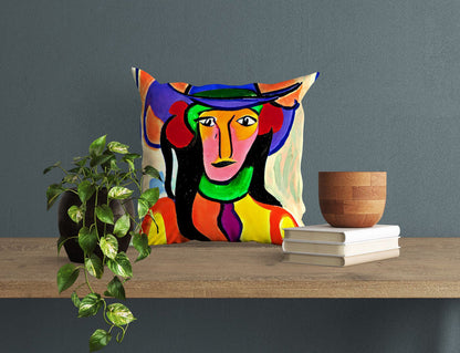Abstract Girl In A Hat Toss Pillow, Abstract Pillow Case, Artist Pillow, Modern Pillow, Square Pillow, Christmas Pillow, Abstract Decor
