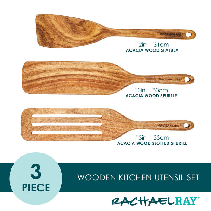 The Acacia Wood Tool Sets include a three-piece assortment featuring a spatula and spurtles, ideal for your nonstick cookware.