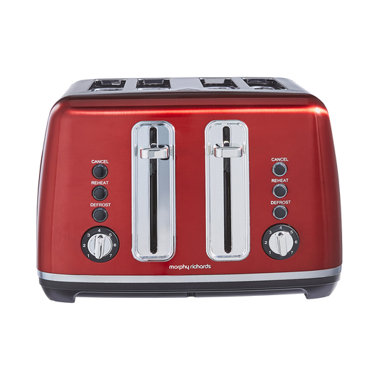 Red toaster with silver accents on a white background