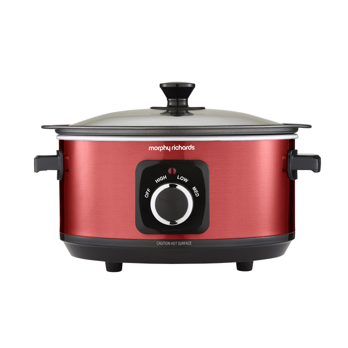 Red Morphy Richards slow cooker on a white background