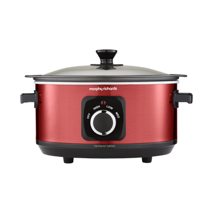 Red Morphy Richards slow cooker on a white background