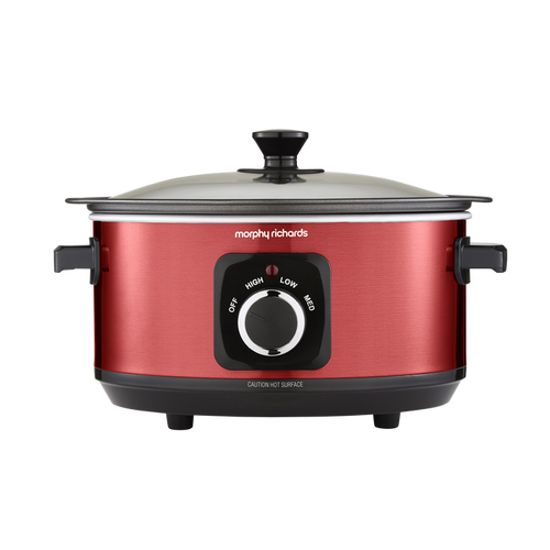 Red Morphy Richards slow cooker on a white background