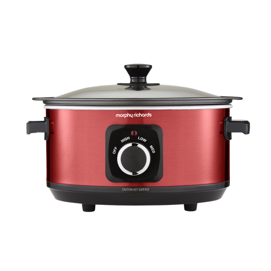 Red Morphy Richards slow cooker on a white background