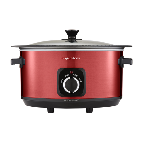 Red slow cooker with black control panel on a white background