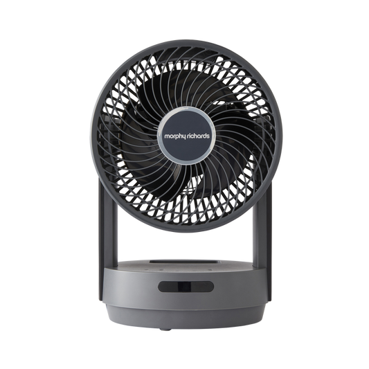 A black oscillating desktop fan with a remote control, featuring a circular design with three blades, a touch panel control on the front, and a stable base.