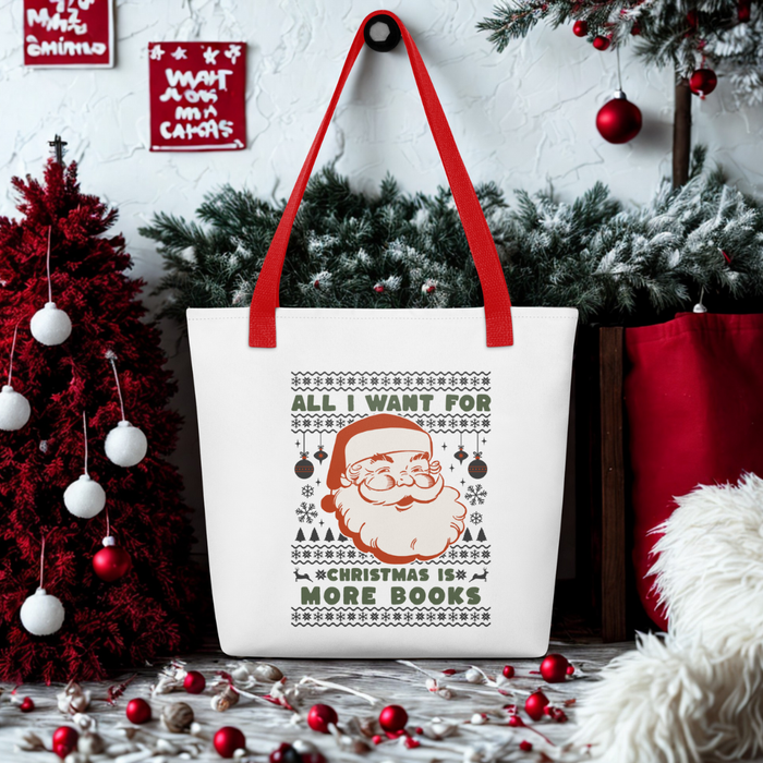 All I Want for Christmas is More Books Tote bag - The Bean Workshop - All I Want for Christmas is More Books Tote, Book Lover Christmas Tote Bag, Bookaholic Gift, Bookish Humor, Canvas Tote, Christmas Wishlist, Gift for Readers, Holiday Shopping Bag, Library Bag, Retro Santa, Tote Bag, Ugly Christmas Sweater, Ugly Sweater Bookworm Gift